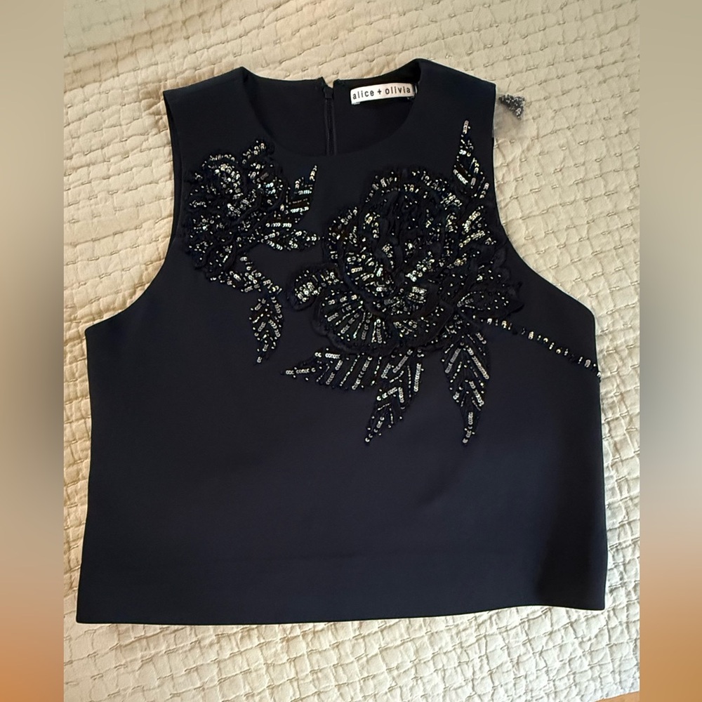 Alice + Olivia Midnight Blue Floral Embellished Tank Top